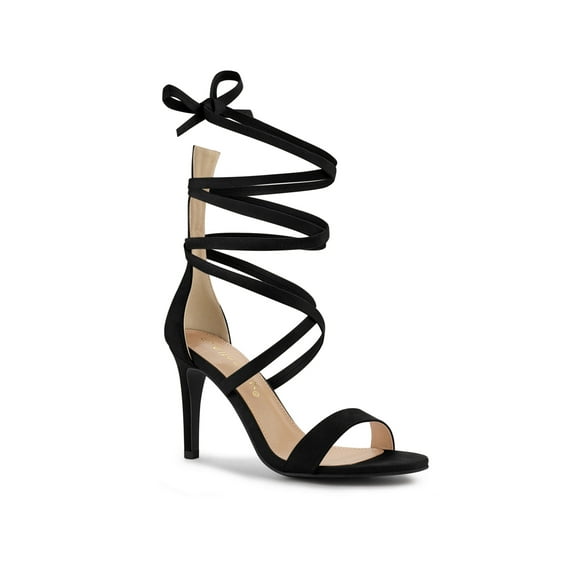 BLISSFUL STEP Women's Open Toe Stiletto Heeled Lace up Solid Sandals Black 7