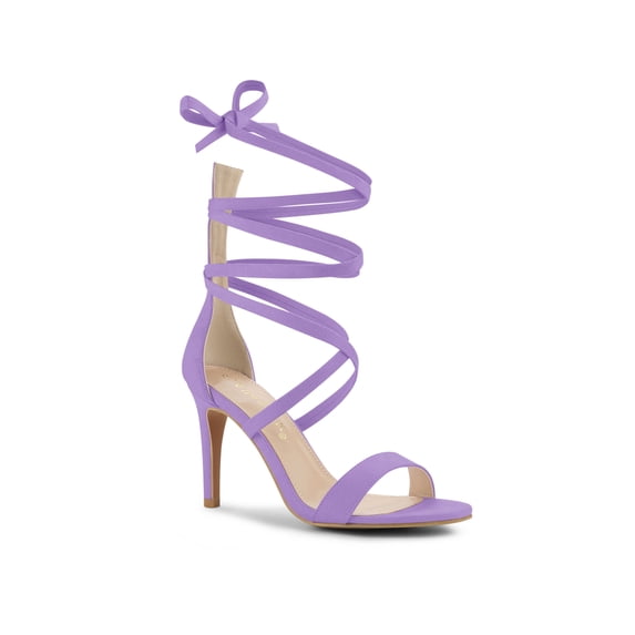 BLISSFUL STEP Women's Open Toe Stiletto Heeled Lace up Solid Sandals Purple 6