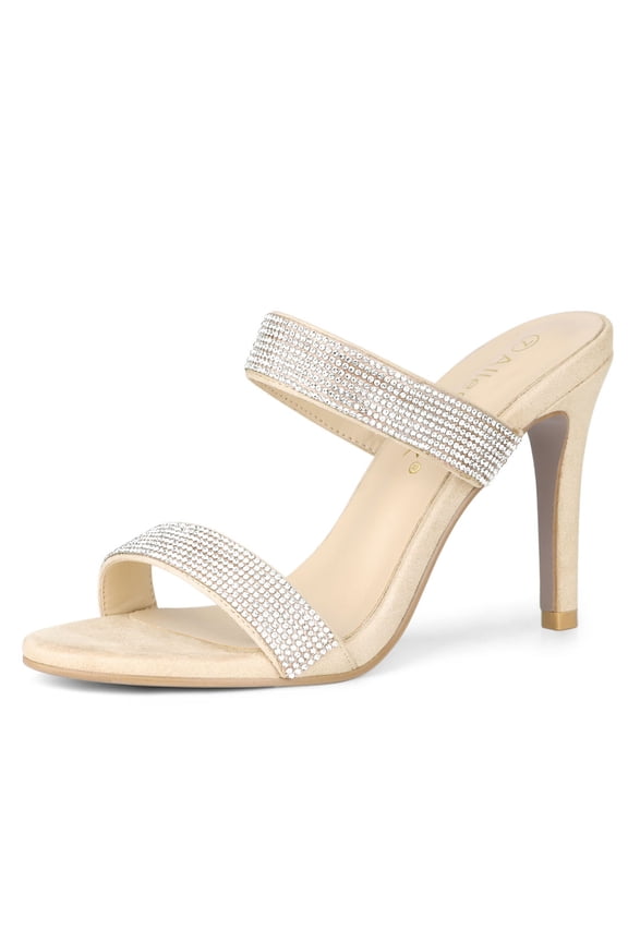 Women's Open Toe Stiletto High Heel Rhines Mules Sandals Beige 5