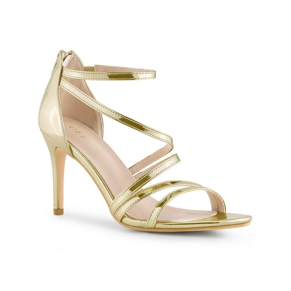 BLISSFUL STEP Women's Open Toe Strappy Ankle Strap Back Zip Stiletto Heel Sandals Gold 11
