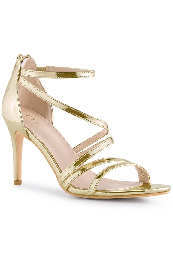 Women's Open Toe Strappy Ankle Strap Back Zip Stiletto Heel Sandals Gold 10