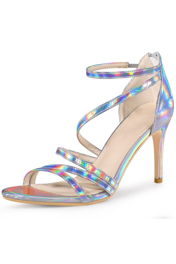 Women's Open Toe Strappy Ankle Strap Back Zip Stiletto Heel Sandals Silver 10