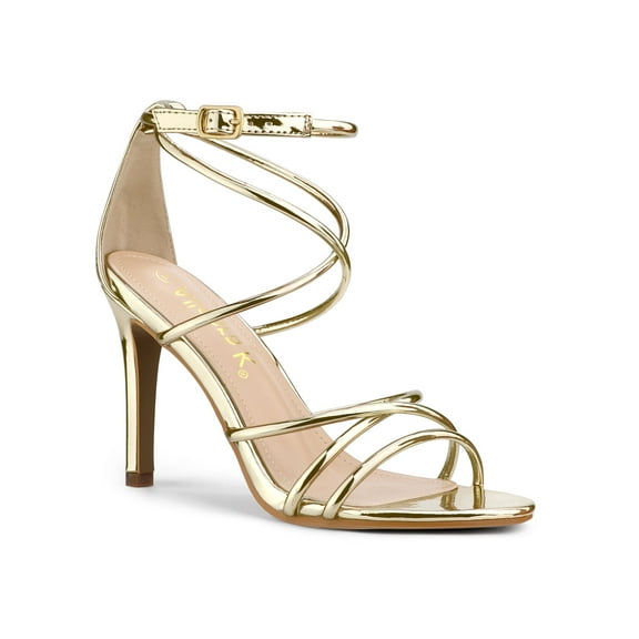 BLISSFUL STEP Women's Open Toe Strappy Straps Prom Stiletto Heels Sandals Gold 6
