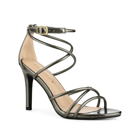 BLISSFUL STEP Women's Open Toe Strappy Straps Prom Stiletto Heels Sandals Gunmetal 8.5