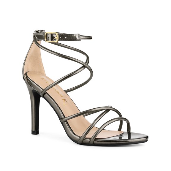 BLISSFUL STEP Women's Open Toe Strappy Straps Prom Stiletto Heels Sandals Gunmetal 10