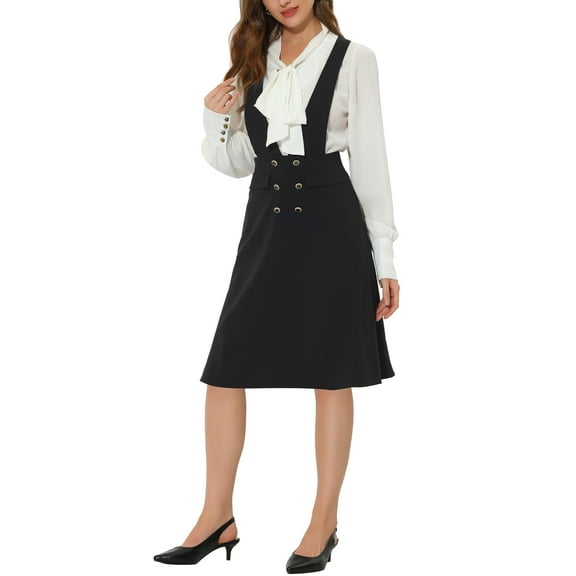 INSPIRE CHIC Women's Overall Dress V Neck Double Breasted Pinafore Suspenders Skirt Black L