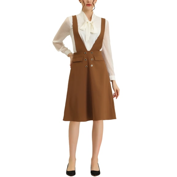 INSPIRE CHIC Women's Overall Dress V Neck Double Breasted Pinafore Suspenders Skirt Brown S