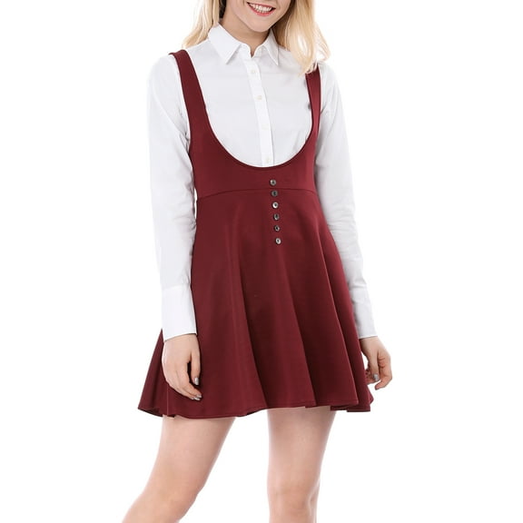 INSPIRE CHIC Women's Overall Dress Solid U Neck Button Decor Flared Hem XS Red