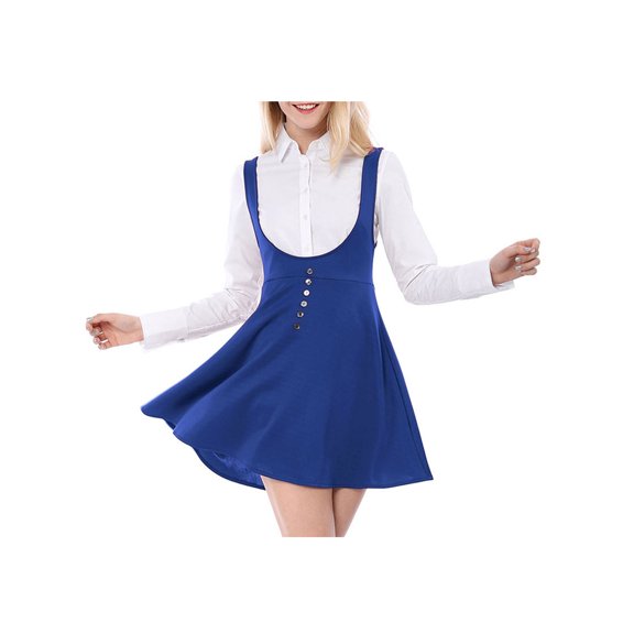 INSPIRE CHIC Women's Overall Dress Solid U Neck Button Decor Flared Hem S Indigo Blue