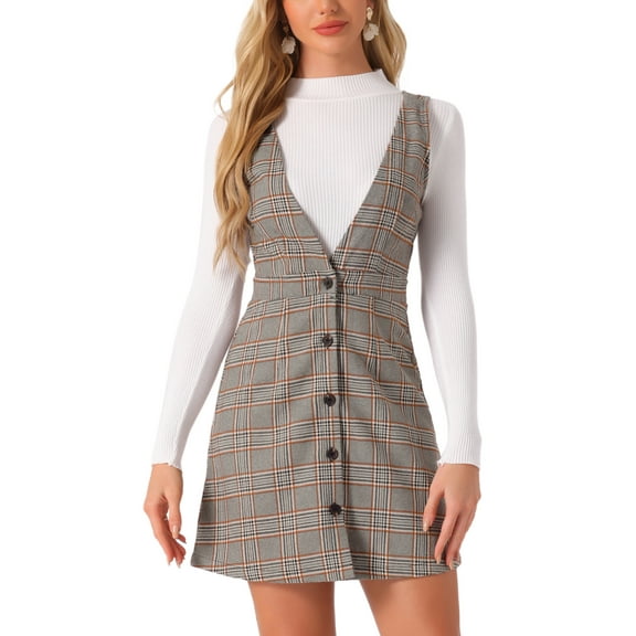 INSPIRE CHIC Women's Overall Houndstooth Pinafore Sleeveless Suspender Dress XS Gray Brown