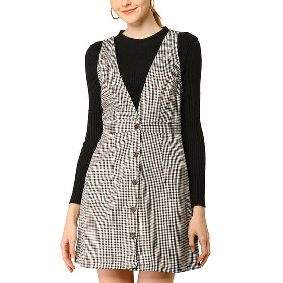 INSPIRE CHIC Women's Overall Houndstooth Pinafore Sleeveless Suspender Dress XL White