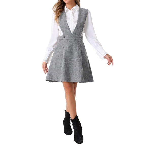 INSPIRE CHIC Women's Overalls Suspenders V Neck A-Line Above Knee Pinafore Dress L Gray