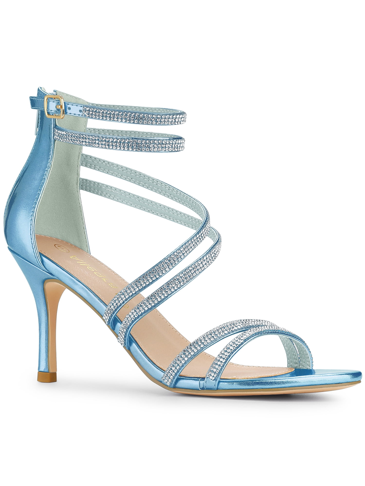 BLISSFUL STEP Women's PU Ankle Strap Rhines Stiletto Heels Sandals