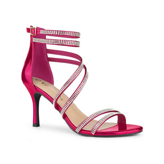 BLISSFUL STEP Women's Shoes Stiletto Heel Open Toe Ankle Strap Rhinestone Buckle Sandals Hot Pink 11