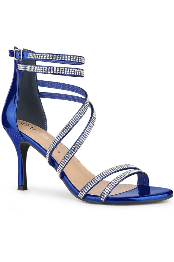 Women's Shoes Stiletto Heel Open Toe Ankle Strap Rhinestone Buckle Sandals Navy Blue 8
