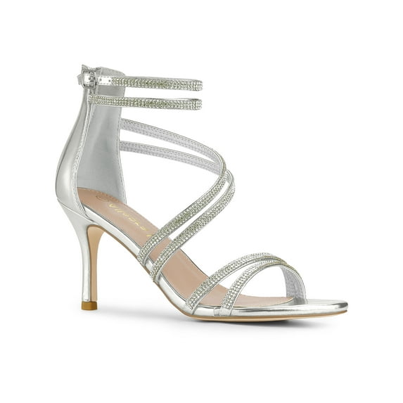 BLISSFUL STEP Women's Shoes Stiletto Heel Open Toe Ankle Strap Rhinestone Buckle Sandals Silver 7