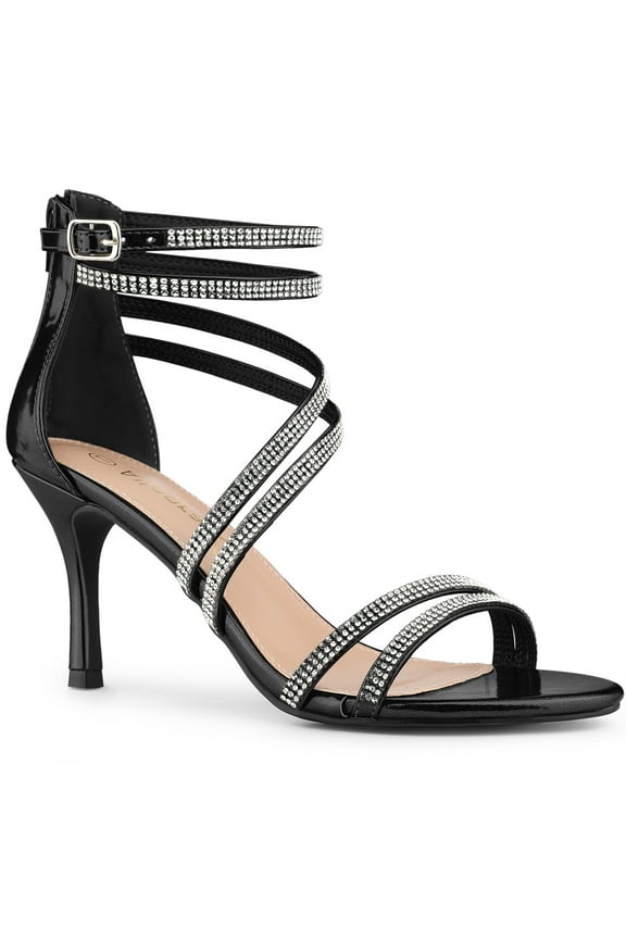 Women's Shoes Stiletto Heel Open Toe Ankle Strap Rhinestone Buckle Sandals Black 9