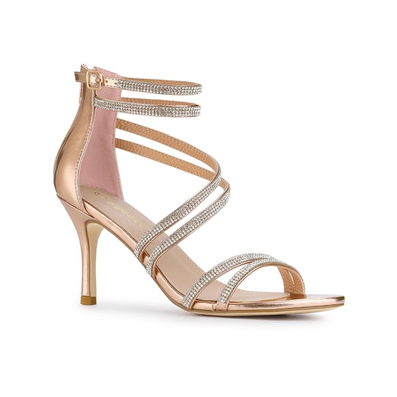 BLISSFUL STEP Women's Shoes Stiletto Heel Open Toe Ankle Strap Rhinestone Buckle Sandals Rose Gold 9