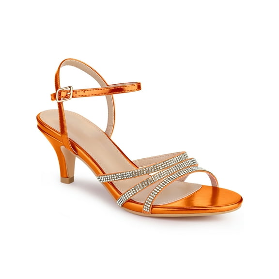 BLISSFUL STEP Women's Shoes Rhinestone Ankle Strap Kitten Heel Open Toe PU Buckle Sandals  Orange 8