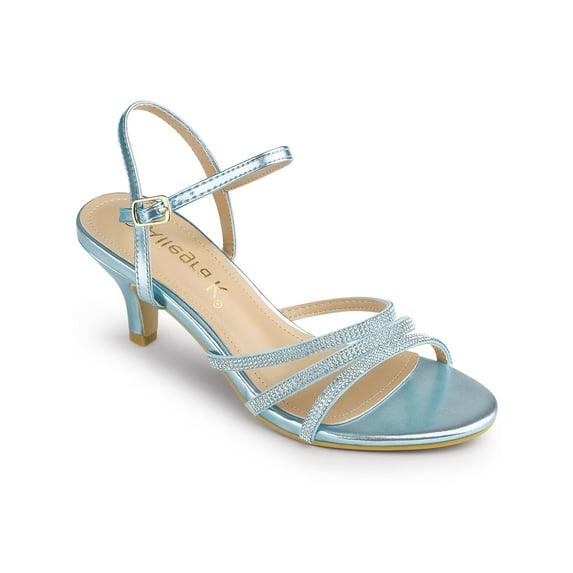 BLISSFUL STEP Women's Shoes Rhinestone Ankle Strap Kitten Heel Open Toe PU Buckle Sandals Lake Blue 8
