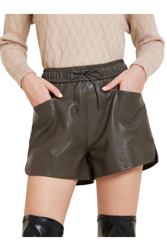 Women's PU Shorts High Waisted Elastic Waist Faux Leather Pants with Pockets M Coffee