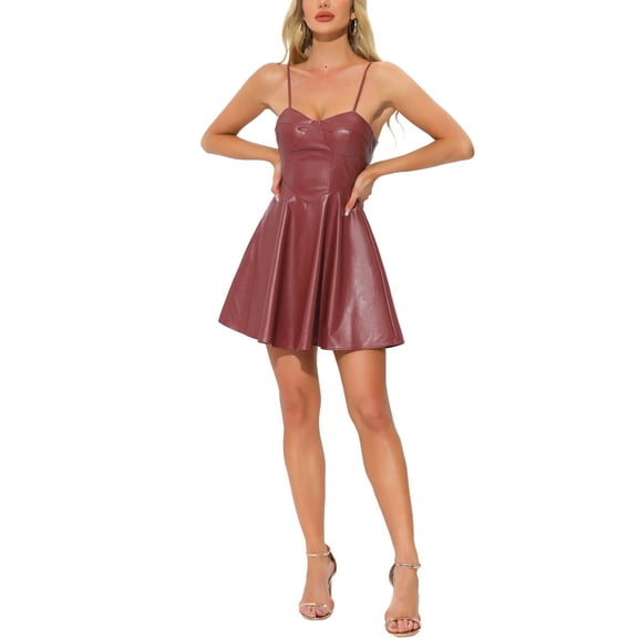 INSPIRE CHIC Women's PU Spaghetti Strap Sweetheart Neckline A-line Dress S Red