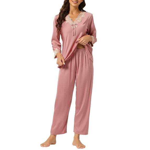 INSPIRE CHIC Women's Satin Sleepwear Night Suit V Neck Lace Nightwear Lounge Pajama Set M Pink