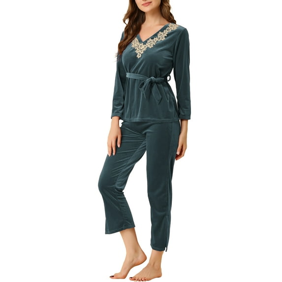 Allegra K Women's Pajama Sets V Neck with Belt Tie Long Sleeve Sleepwear Soft Female Night Suit Lounge Sets