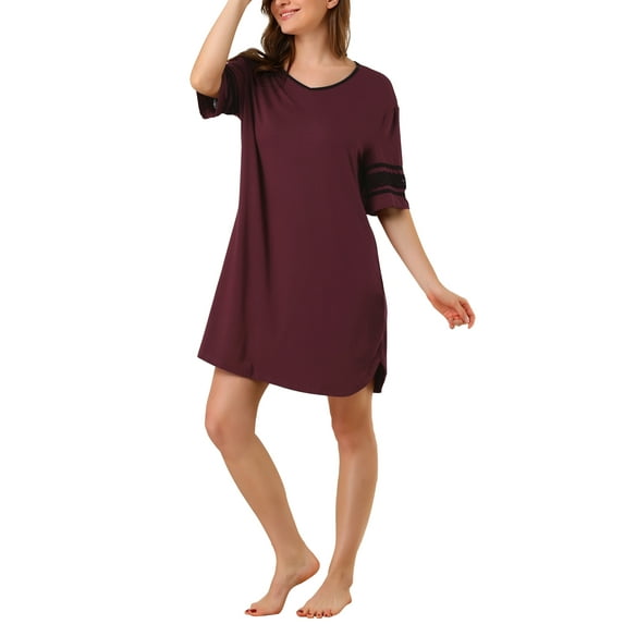 INSPIRE CHIC Women's Pajamas Shirt Nightgown Dress Pajamas Sleepwear Short Sleeve Wine Red Large