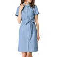thumbnail image 1 of Allegra K Women's Pan Collar Button Down Belted Short Sleeve Denim Shirt Dress, 1 of 7