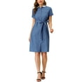 thumbnail image 1 of Allegra K Women's Pan Collar Button Down Belted Short Sleeve Denim Shirt Dress, 1 of 7