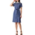 thumbnail image 1 of Allegra K Women's Pan Collar Button Down Belted Short Sleeve Denim Shirt Dress, 1 of 7