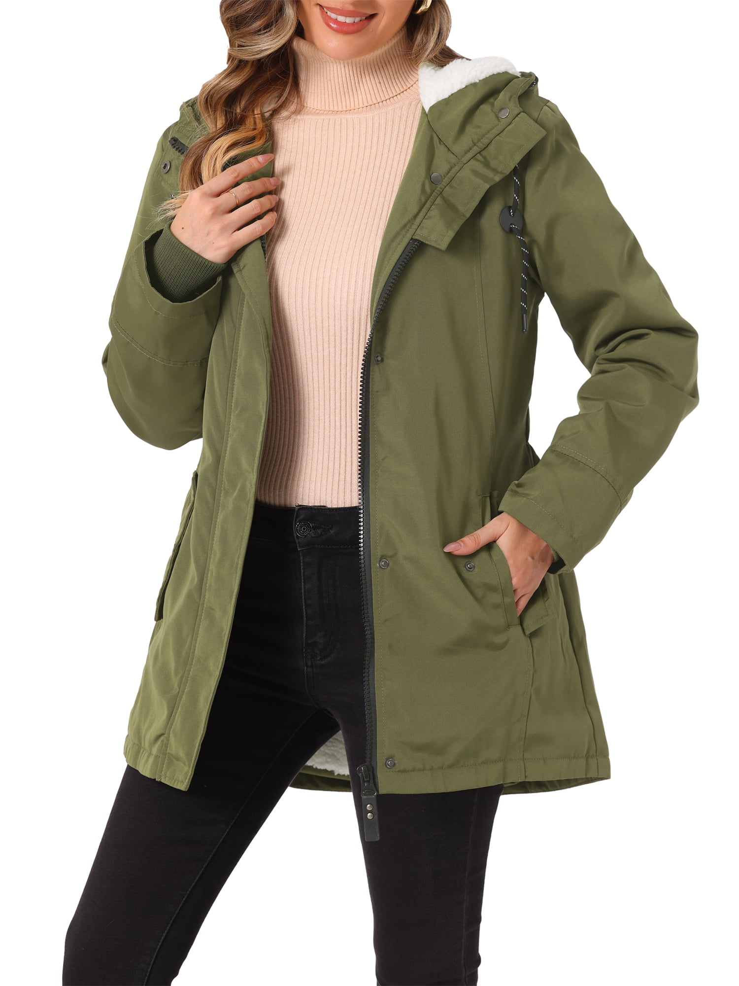 INSPIRE CHIC Women's Parka Coat Tie Waist Pockets Long Sleeve Faux Fur ...