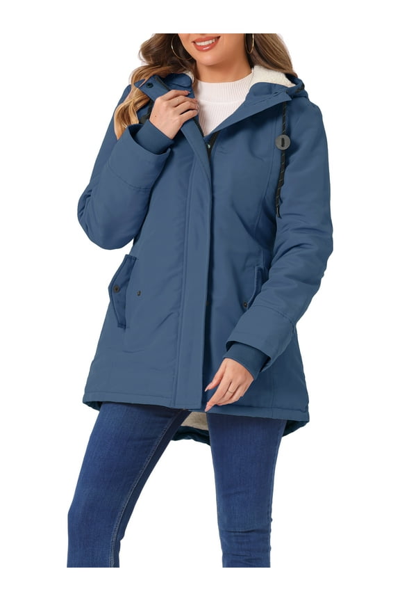 Women's Parka Coat Tie Waist Pockets Long Sleeve Faux Fur Hooded Jackets M Navy Blue