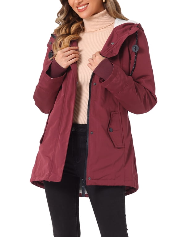 Women's Parka Coat Tie Waist Pockets Long Sleeve Faux Fur Hooded Jackets M Red
