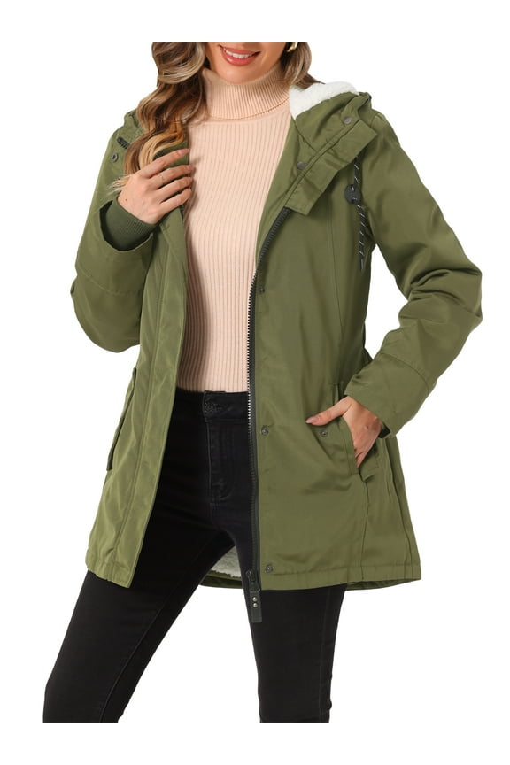 Women's Parka Coat Tie Waist Pockets Long Sleeve Faux Fur Hooded Jackets S Army Green