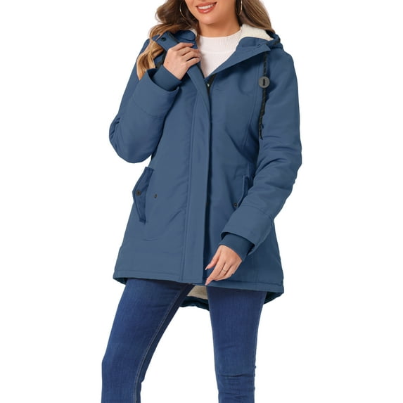 INSPIRE CHIC Women's Parka Coat Tie Waist Pockets Long Sleeve Faux Fur Hooded Jackets S Navy Blue