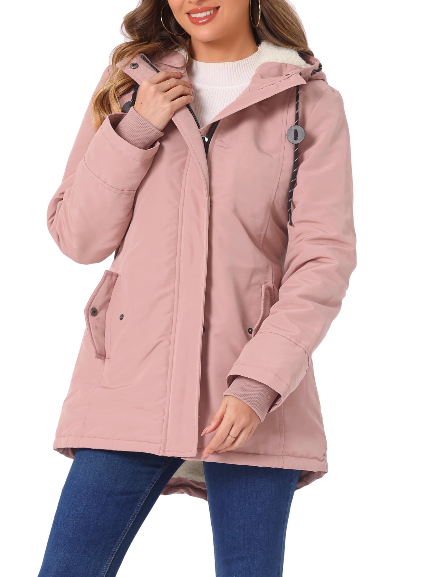 Stylish Pink Button Pockets Fine Cotton Filled Parka Winter