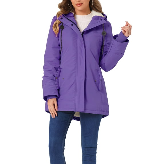 INSPIRE CHIC Women's Parka Coat Tie Waist Pockets Long Sleeve Faux Fur Hooded Jackets XS Violet