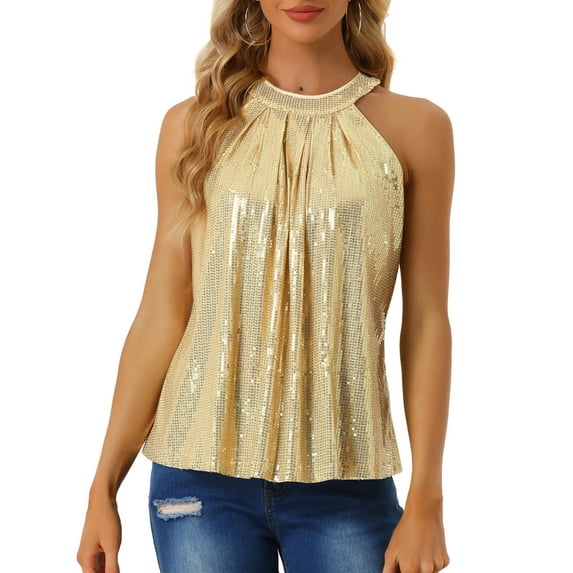 INSPIRE CHIC Women's Party Club Cocktail Sparkle Sleeveless Vest Tank Camisole Sequin Halter Tops M Black