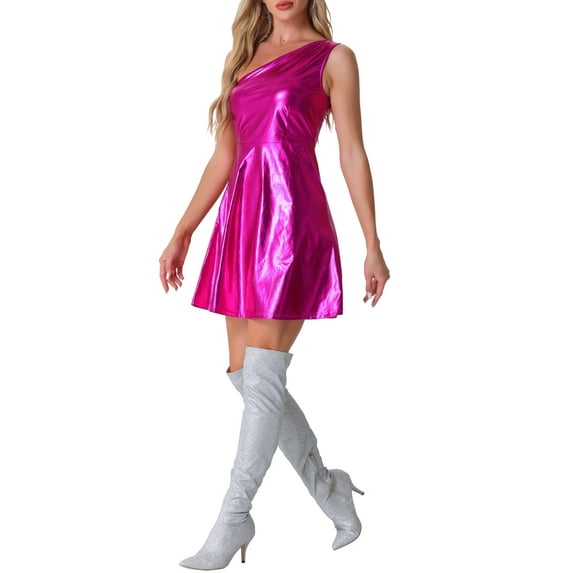 INSPIRE CHIC Women's Party Dress Metallic Sleeveless One Shoulder Holographic Mini Dresses S Fuschia