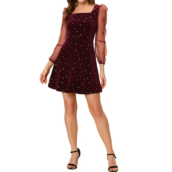 INSPIRE CHIC Women's Velvet Dress Square Neck Mesh Puff Sleeve Star Print Party Prom Dresses Red M