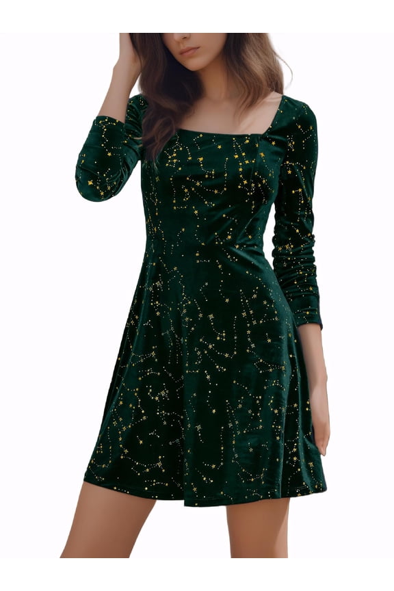 Women's Party Dresses Stars Print Square Neck Vintage Prom Mini Velvet Dress L Green