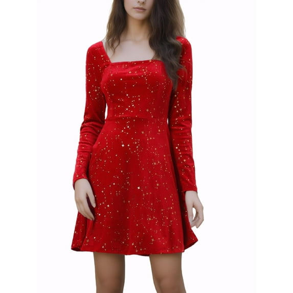 INSPIRE CHIC Women's Party Dresses Stars Print Square Neck Vintage Prom Mini Velvet Dress L Wine Red