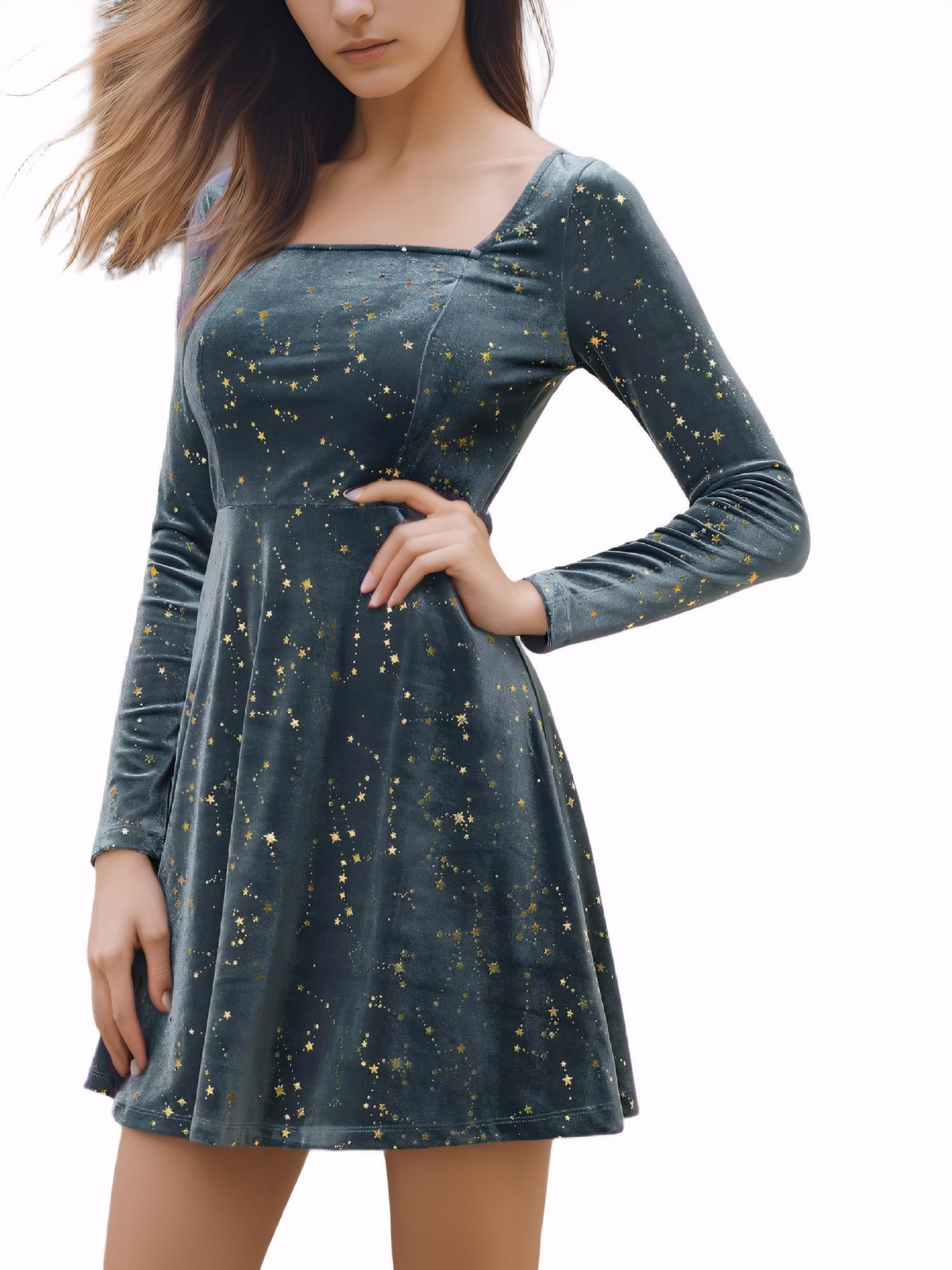 Inspire Chic Women's Party Dresses Stars Print Square Neck Vintage Prom Mini Velvet Dress S Gray, Size: Small