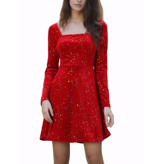 INSPIRE CHIC Women's Party Dresses Stars Print Square Neck Vintage Prom Mini Velvet Dress XL Wine Red