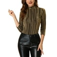 thumbnail image 1 of INSPIRE CHIC Women's Party Glitter 3/4 Sleeve Shiny Striped Metallic Blouse 3XL Shiny Gold, 1 of 6