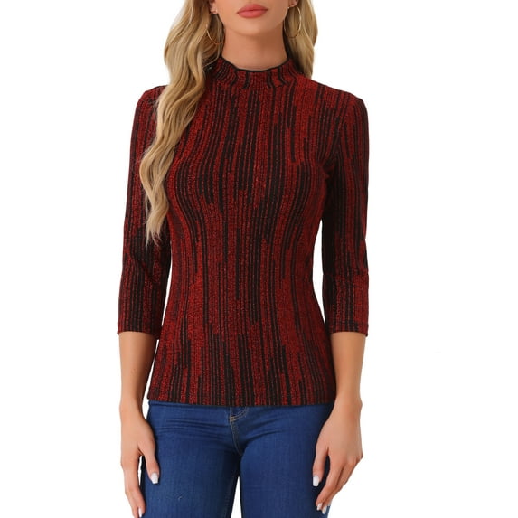 INSPIRE CHIC Women's Party Glitter 3/4 Sleeve Shiny Striped Metallic Blouse S Red