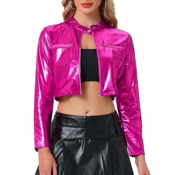 INSPIRE CHIC Women's Cropped Jackets Stand Collar Metallic Zipper Long Sleeve Party Jacket S Hot Pink
