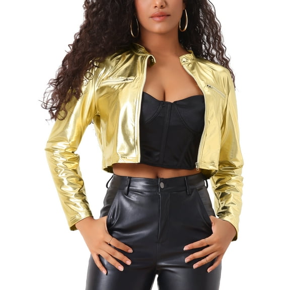 INSPIRE CHIC Women's Cropped Jackets Stand Collar Metallic Zipper Long Sleeve Party Jacket XS Gold